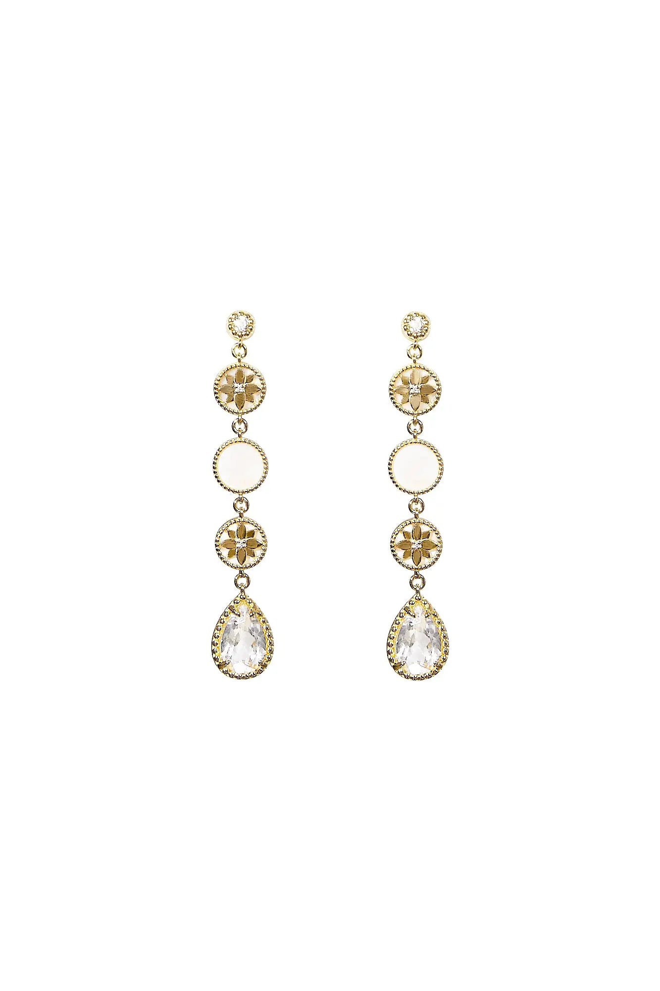 Clematis Long Goddess Yellow Gold Dangling Earrings Dryden Jewelry